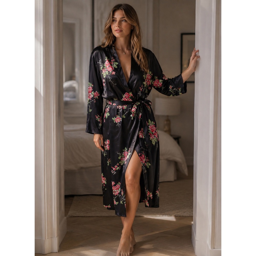 Jones New York Robe Size S/M Floral Satin Lace Trim Belted Maxi Kimono #1429